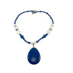 Blue Beaded Necklace with Large Teardrop Pendant and White Accent Beads
